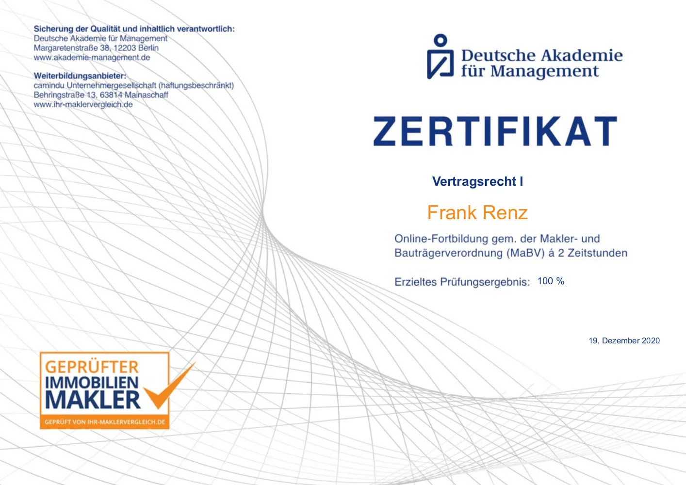 Zertifikat Vertragsrecht 1 - Immobilien Renz