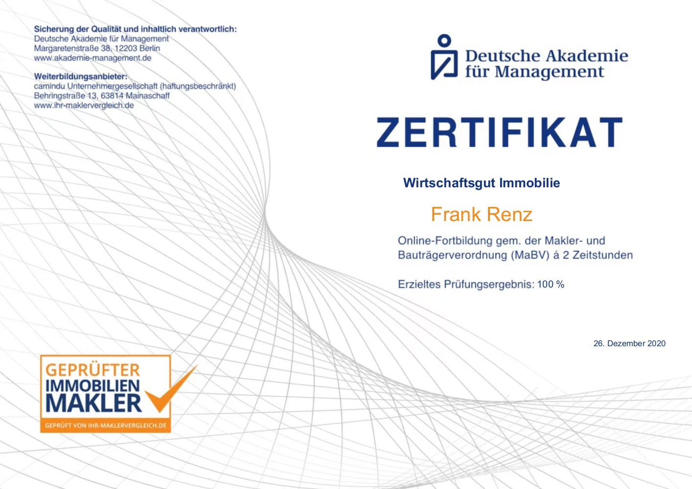 Zertifikat Wirtschaftsgut Immobilie - Immobilien Renz