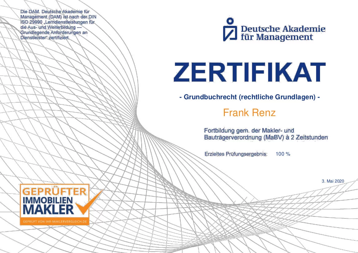 Zertifikat Grundbuchrecht - Immobilien Renz