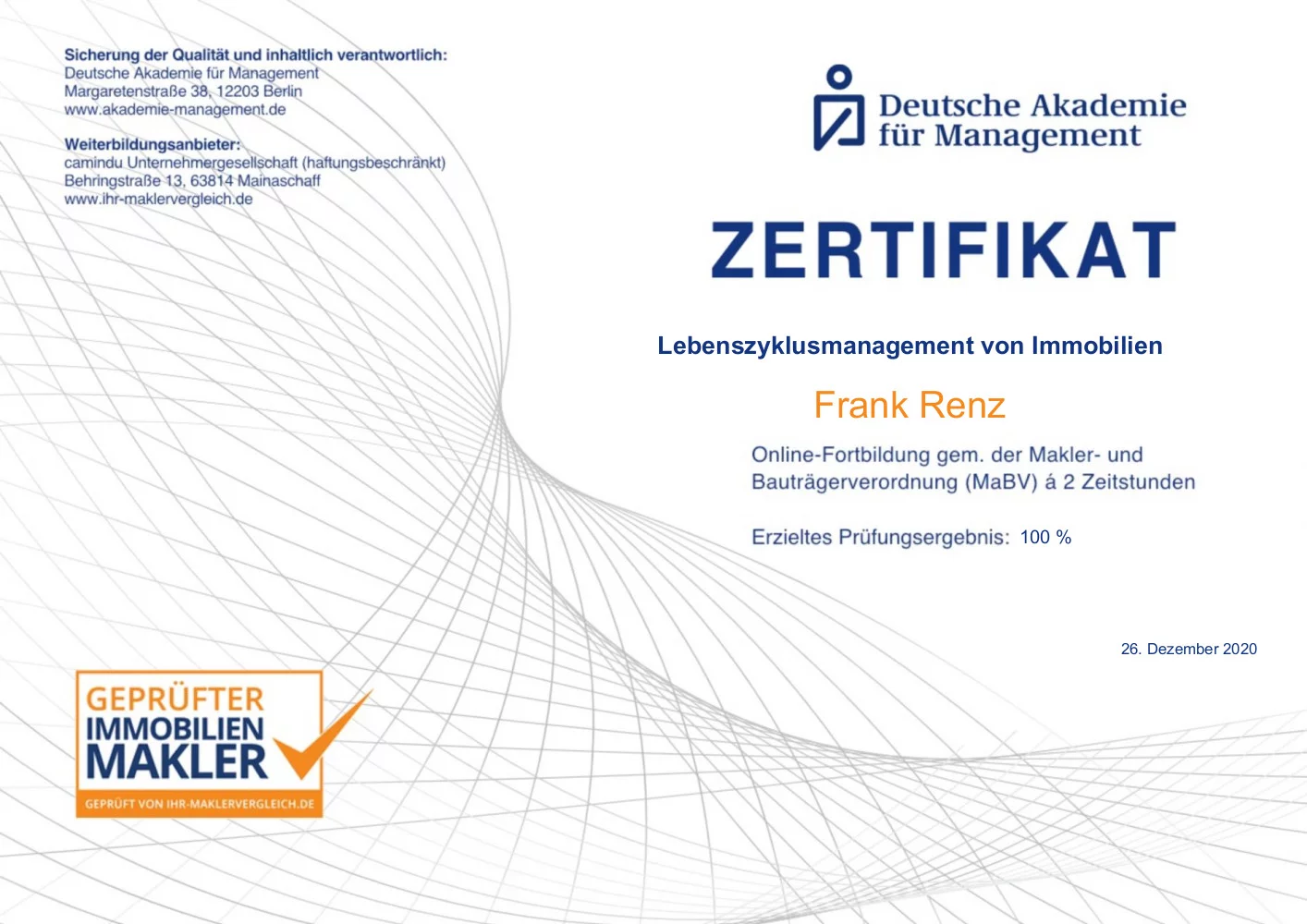 Zertifikat Lebenszyklusmanagement von Immobilien - Immobilien Renz
